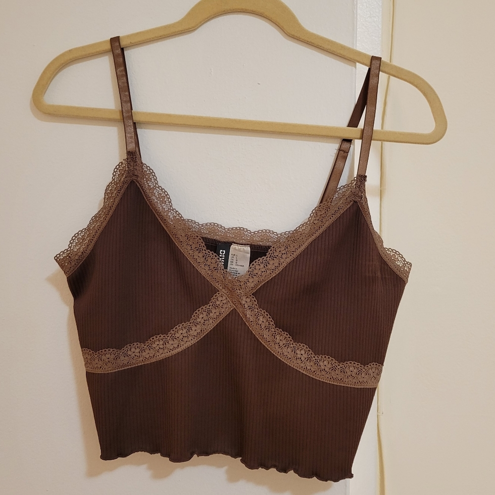 Brown crop tank with lace detailing, H&M size large